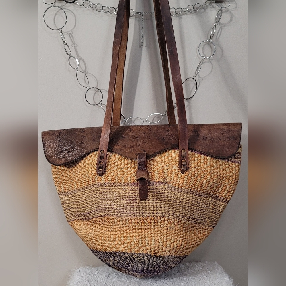 Rare Sisal Woven Striped Tote Bag with Leather Flap and Leather Double Handles
